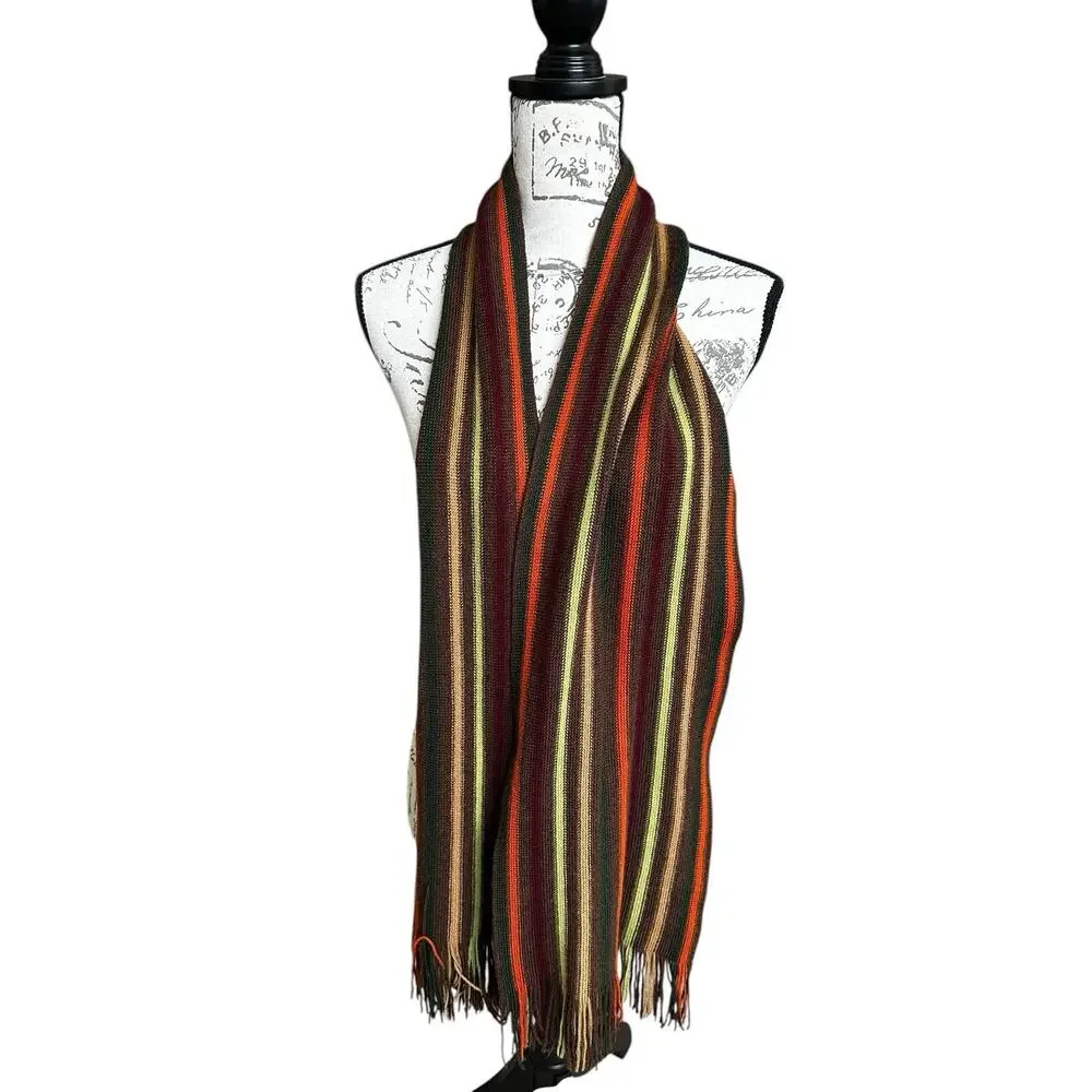 Wool Blend Stripe Scarf Fall Colors Brown Green Maroon Orange Fringe